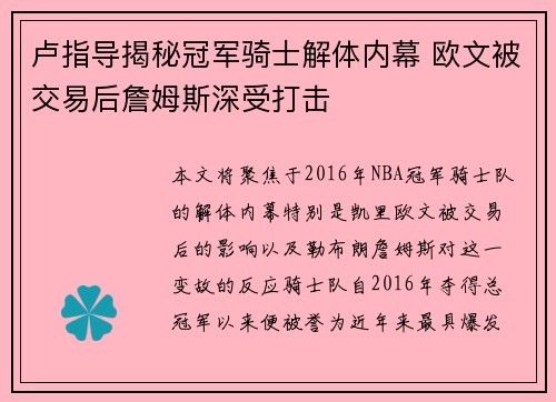 卢指导揭秘冠军骑士解体内幕 欧文被交易后詹姆斯深受打击